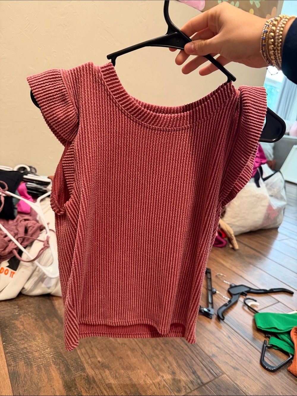 Moa Moa Ribbed Flutter Sleeve Tank Top - Rose
